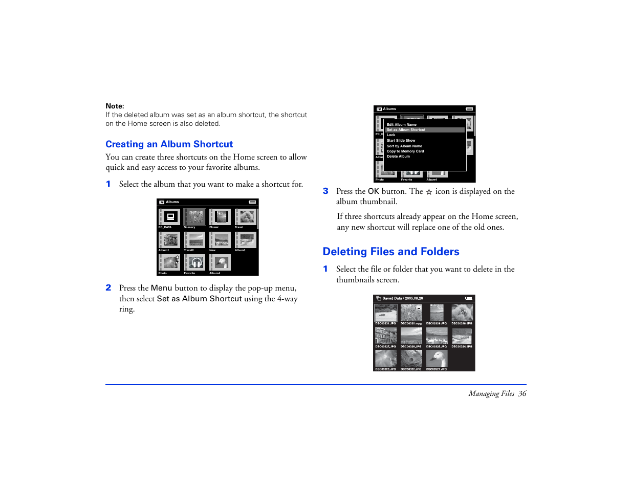 Creating an album shortcut, Deleting files and folders, Button to display the pop-up menu, then select | Using the 4-way ring. 3 press the | Epson Multimedia Storage Viewer P-4000 User Manual | Page 36 / 74