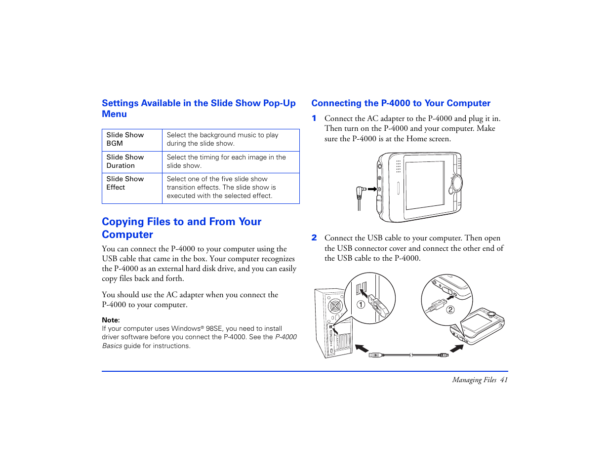 Settings available in the slide show pop-up menu, Copying files to and from your computer, Connecting the p-4000 to your computer | Epson Multimedia Storage Viewer P-4000 User Manual | Page 41 / 74