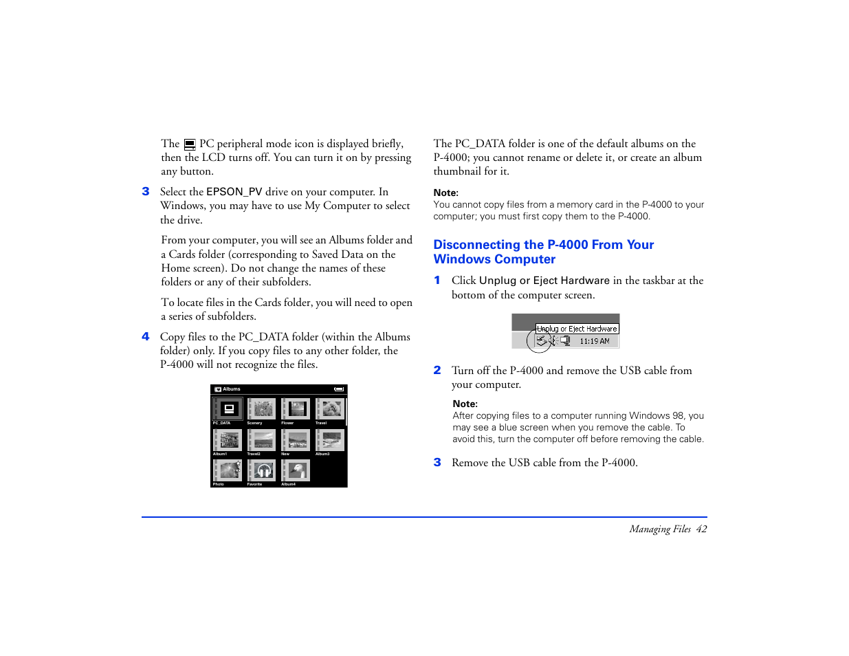 Disconnecting the p-4000 from your windows, Computer | Epson Multimedia Storage Viewer P-4000 User Manual | Page 42 / 74