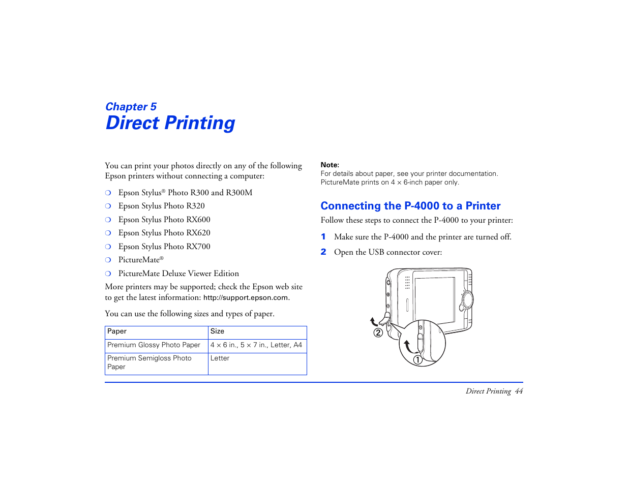 Direct printing, Connecting the p-4000 to a printer, Chapter 5 direct printing | Chapter 5 | Epson Multimedia Storage Viewer P-4000 User Manual | Page 44 / 74