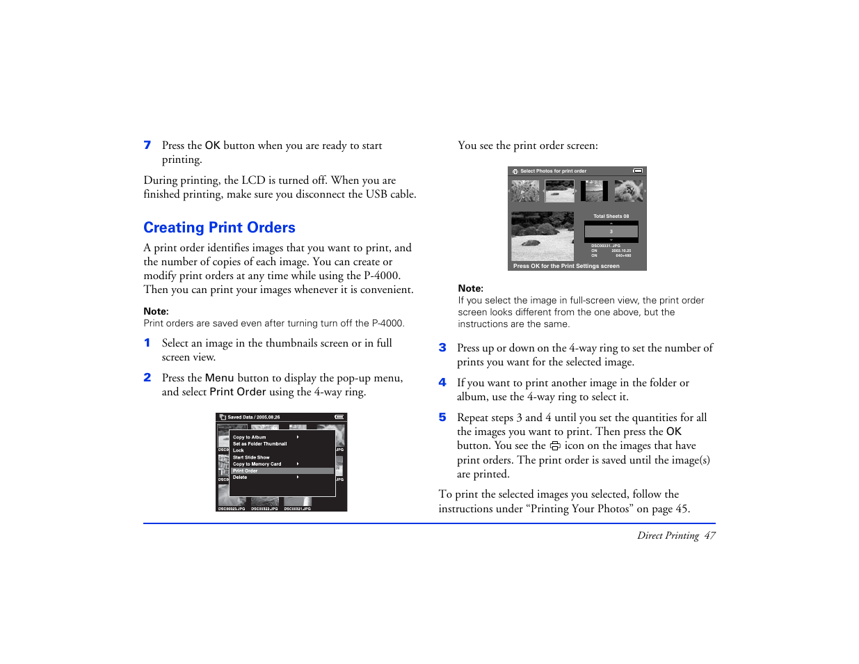 Creating print orders | Epson Multimedia Storage Viewer P-4000 User Manual | Page 47 / 74