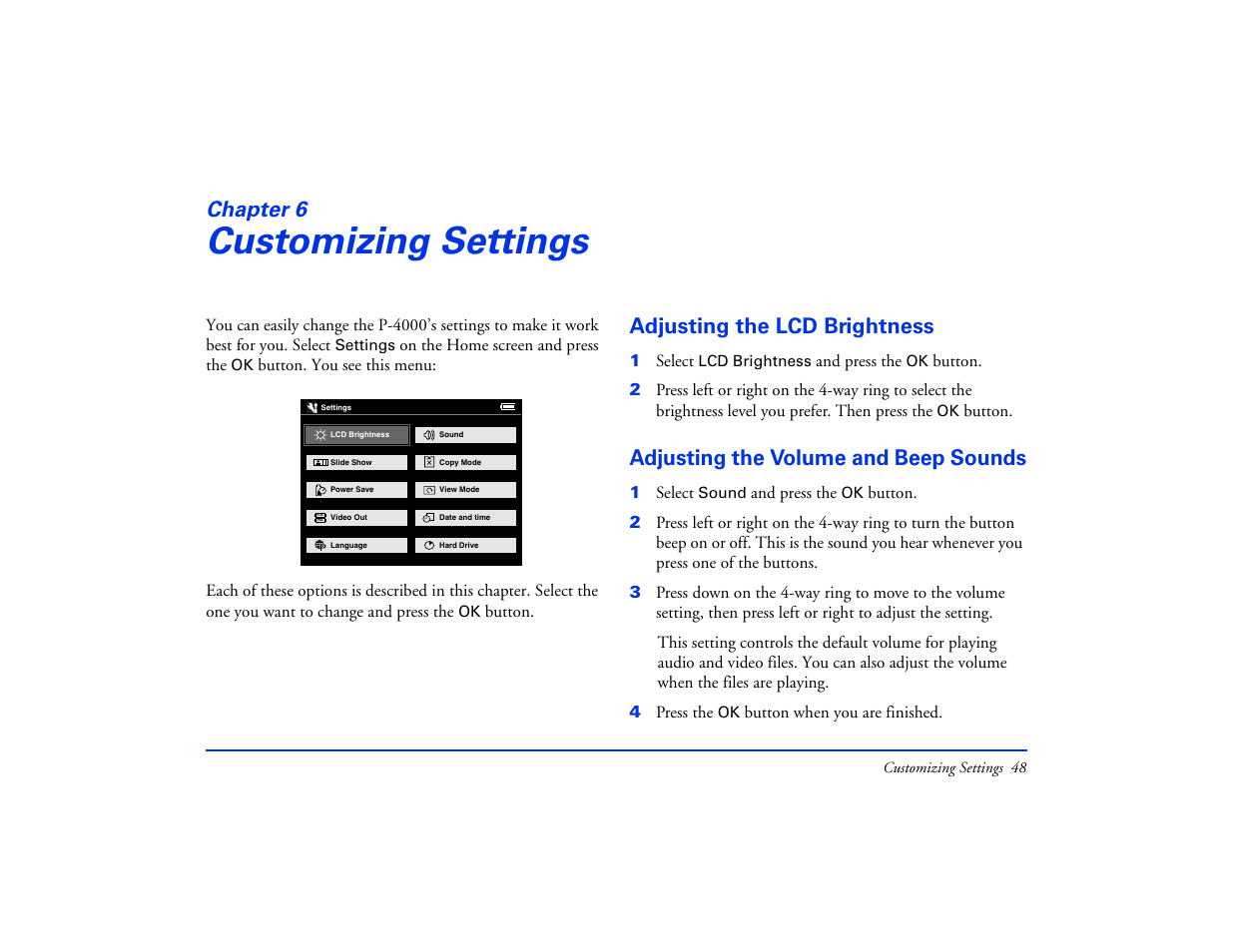 Customizing settings, Adjusting the lcd brightness, Adjusting the volume and beep sounds | Chapter 6 customizing settings, Chapter 6 | Epson Multimedia Storage Viewer P-4000 User Manual | Page 48 / 74