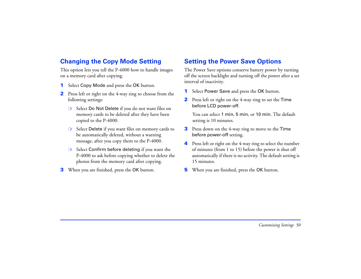 Changing the copy mode setting, Setting the power save options | Epson Multimedia Storage Viewer P-4000 User Manual | Page 50 / 74