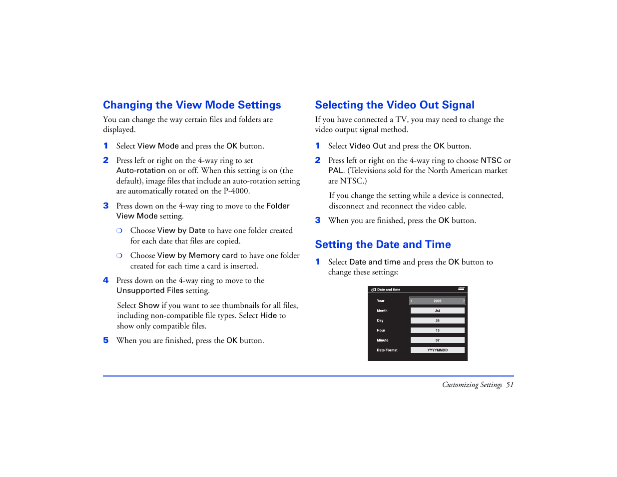 Changing the view mode settings, Selecting the video out signal, Setting the date and time | Epson Multimedia Storage Viewer P-4000 User Manual | Page 51 / 74