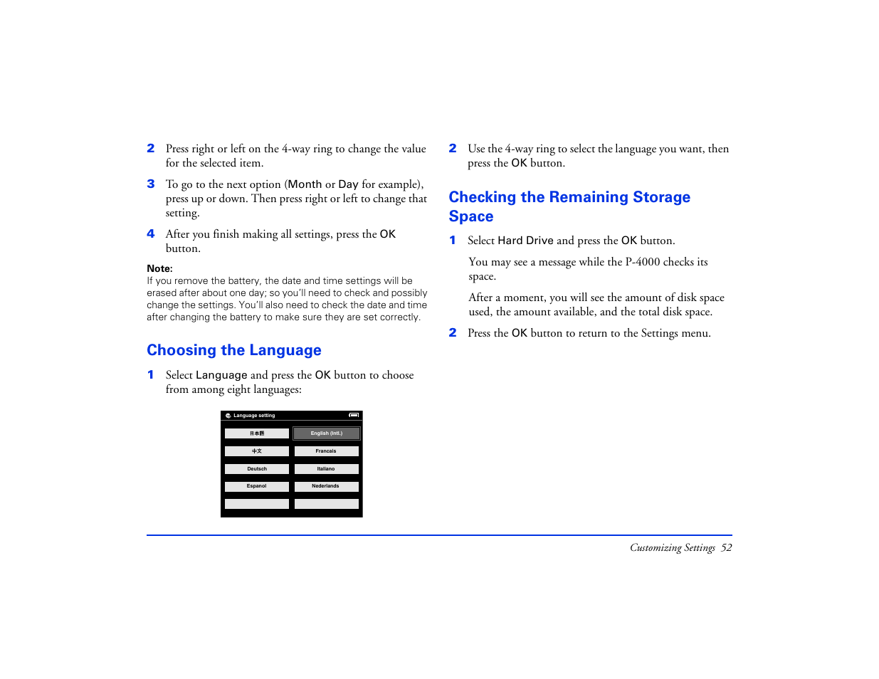Choosing the language, Checking the remaining storage space | Epson Multimedia Storage Viewer P-4000 User Manual | Page 52 / 74
