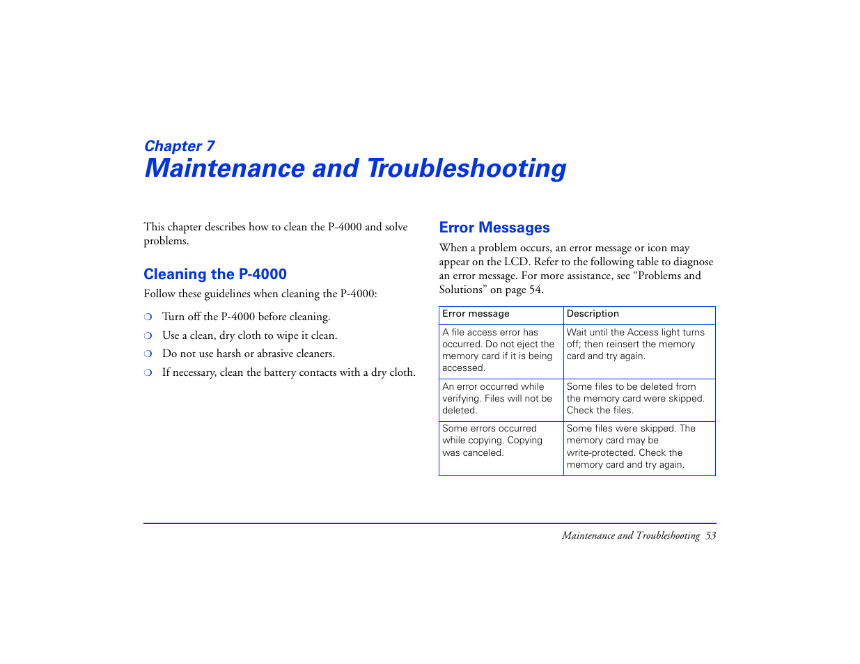 Maintenance and troubleshooting, Cleaning the p-4000, Error messages | Chapter 7 maintenance and, Troubleshooting, Cleaning the p-4000 error messages, Chapter 7 | Epson Multimedia Storage Viewer P-4000 User Manual | Page 53 / 74