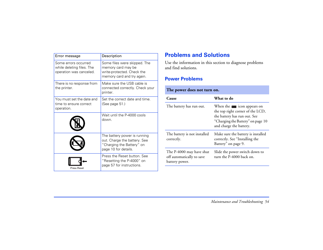 Problems and solutions, Power problems | Epson Multimedia Storage Viewer P-4000 User Manual | Page 54 / 74