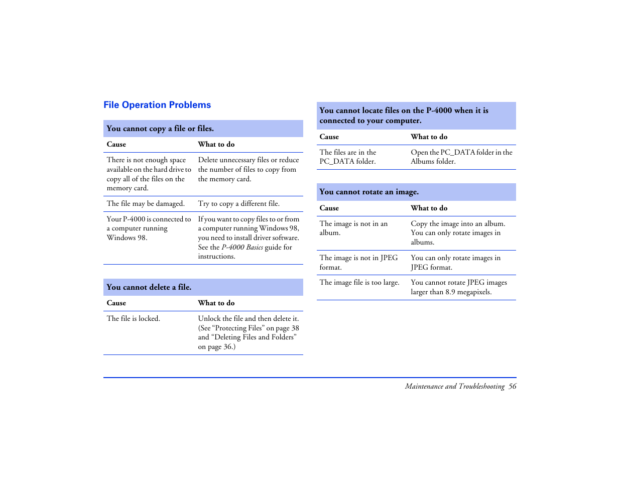 File operation problems | Epson Multimedia Storage Viewer P-4000 User Manual | Page 56 / 74