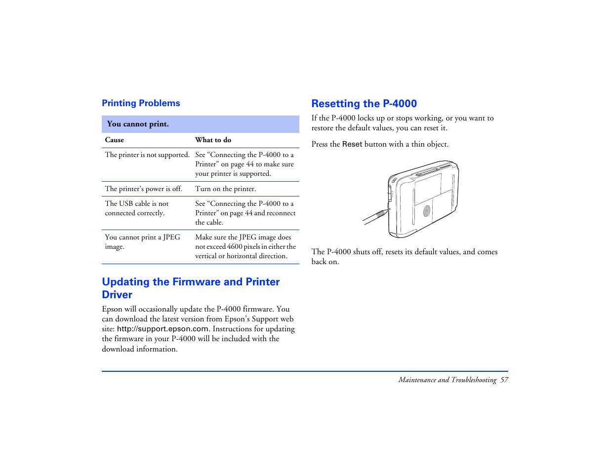 Printing problems, Updating the firmware and printer driver, Resetting the p-4000 | Epson Multimedia Storage Viewer P-4000 User Manual | Page 57 / 74