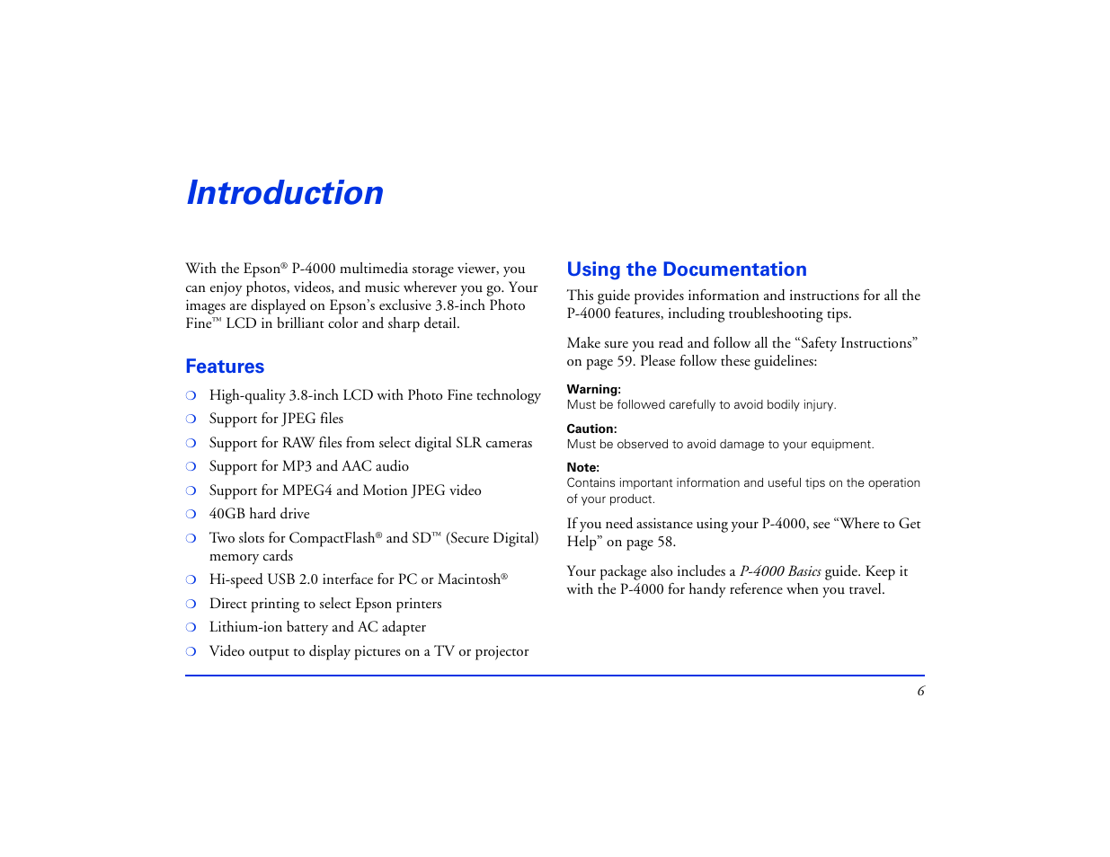 Introduction, Features, Using the documentation | Features using the documentation | Epson Multimedia Storage Viewer P-4000 User Manual | Page 6 / 74