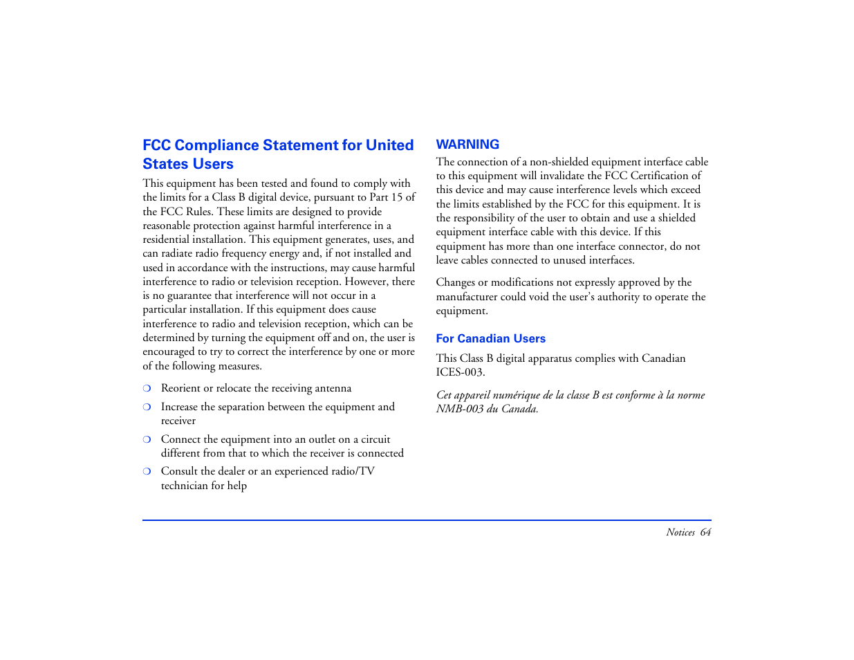 Fcc compliance statement for united states users, Warning | Epson Multimedia Storage Viewer P-4000 User Manual | Page 64 / 74