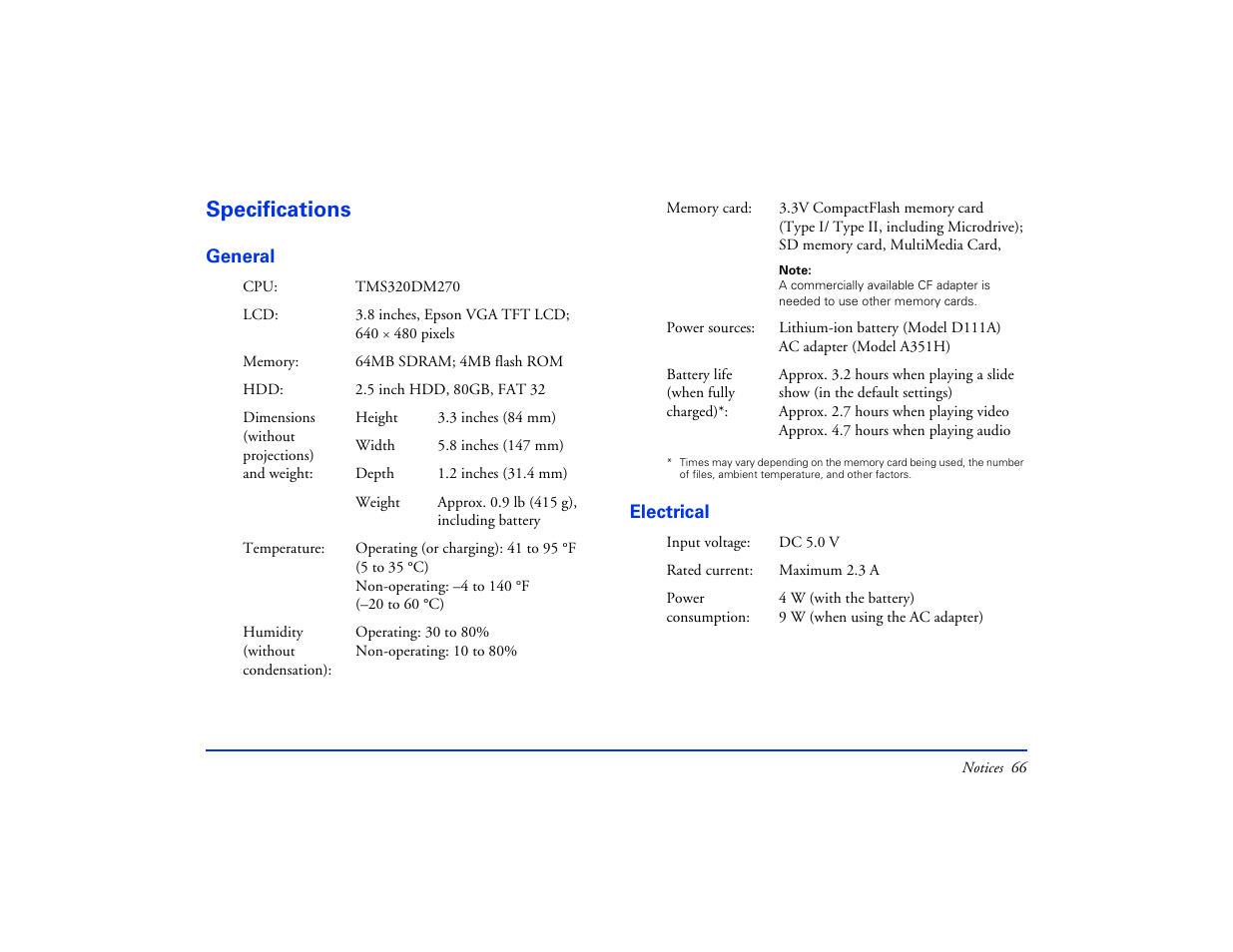 Specifications, General, Electrical | General electrical | Epson Multimedia Storage Viewer P-4000 User Manual | Page 66 / 74
