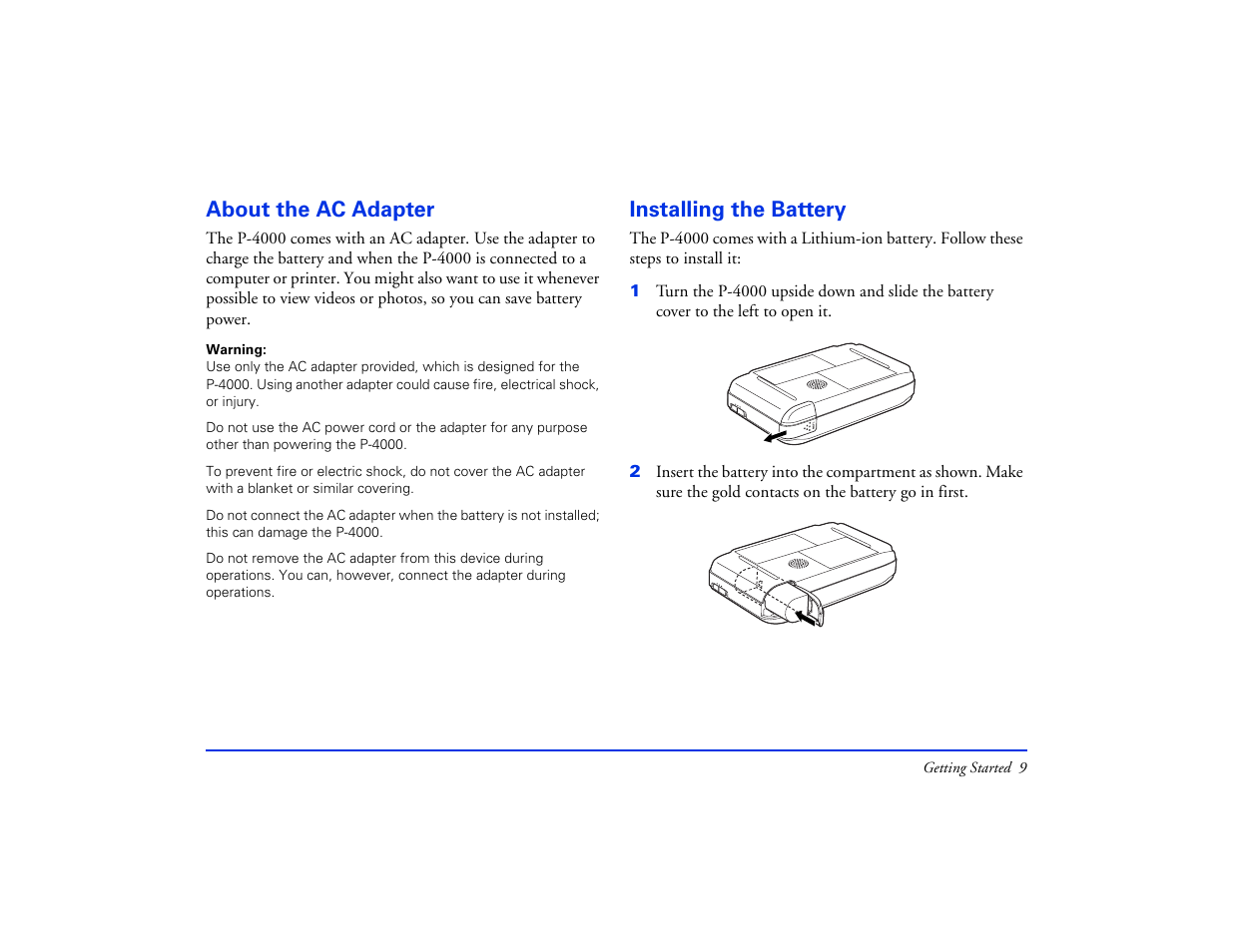 About the ac adapter, Installing the battery, About the ac adapter installing the battery | Epson Multimedia Storage Viewer P-4000 User Manual | Page 9 / 74