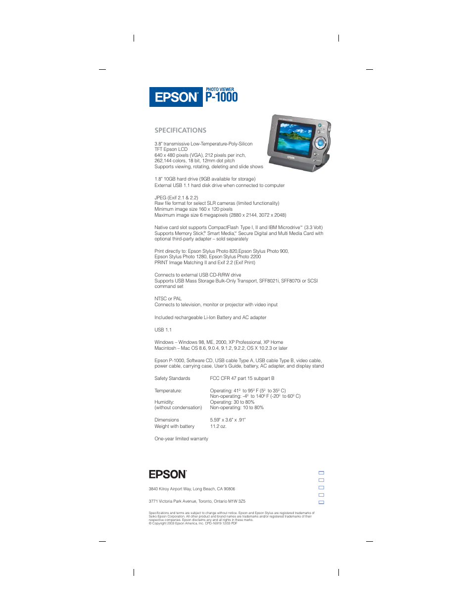 P-1000, Specifications | Epson Photo Viewer P-1000 User Manual | Page 2 / 2