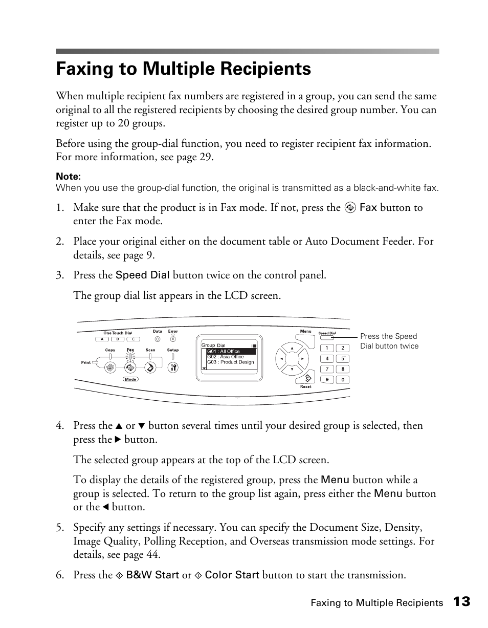 Faxing to multiple recipients | Epson AcuLaser CX11NF User Manual | Page 13 / 64