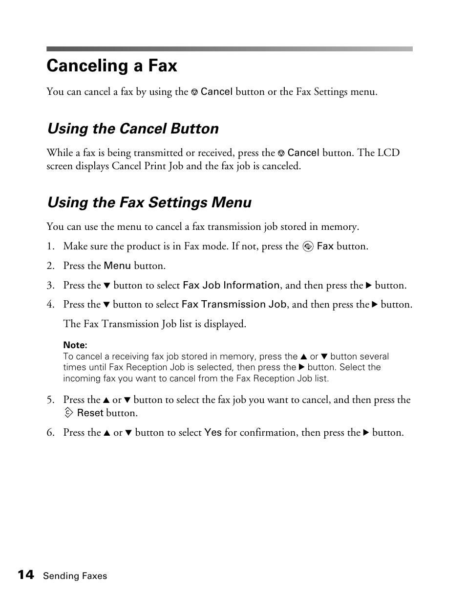 Canceling a fax, Using the cancel button, Using the fax settings menu | Epson AcuLaser CX11NF User Manual | Page 14 / 64