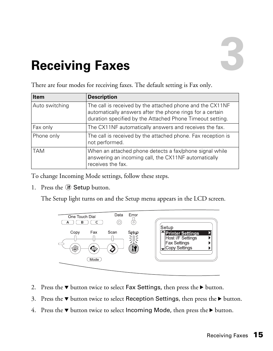 Receiving faxes | Epson AcuLaser CX11NF User Manual | Page 15 / 64