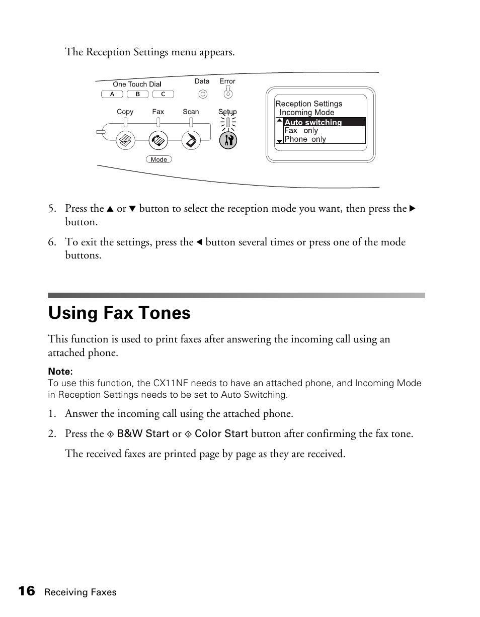 Using fax tones | Epson AcuLaser CX11NF User Manual | Page 16 / 64