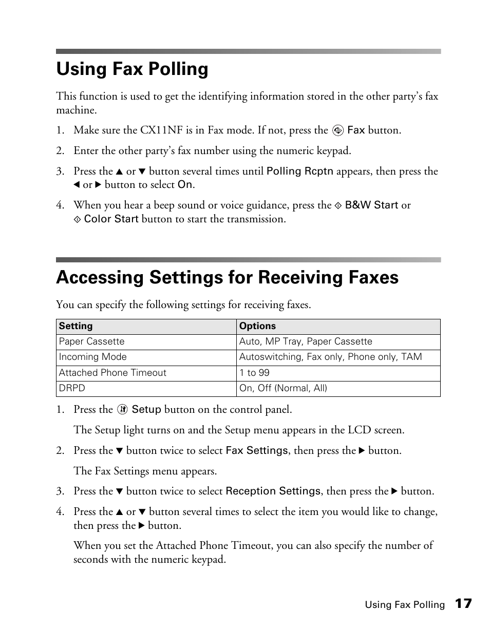 Using fax polling, Accessing settings for receiving faxes | Epson AcuLaser CX11NF User Manual | Page 17 / 64