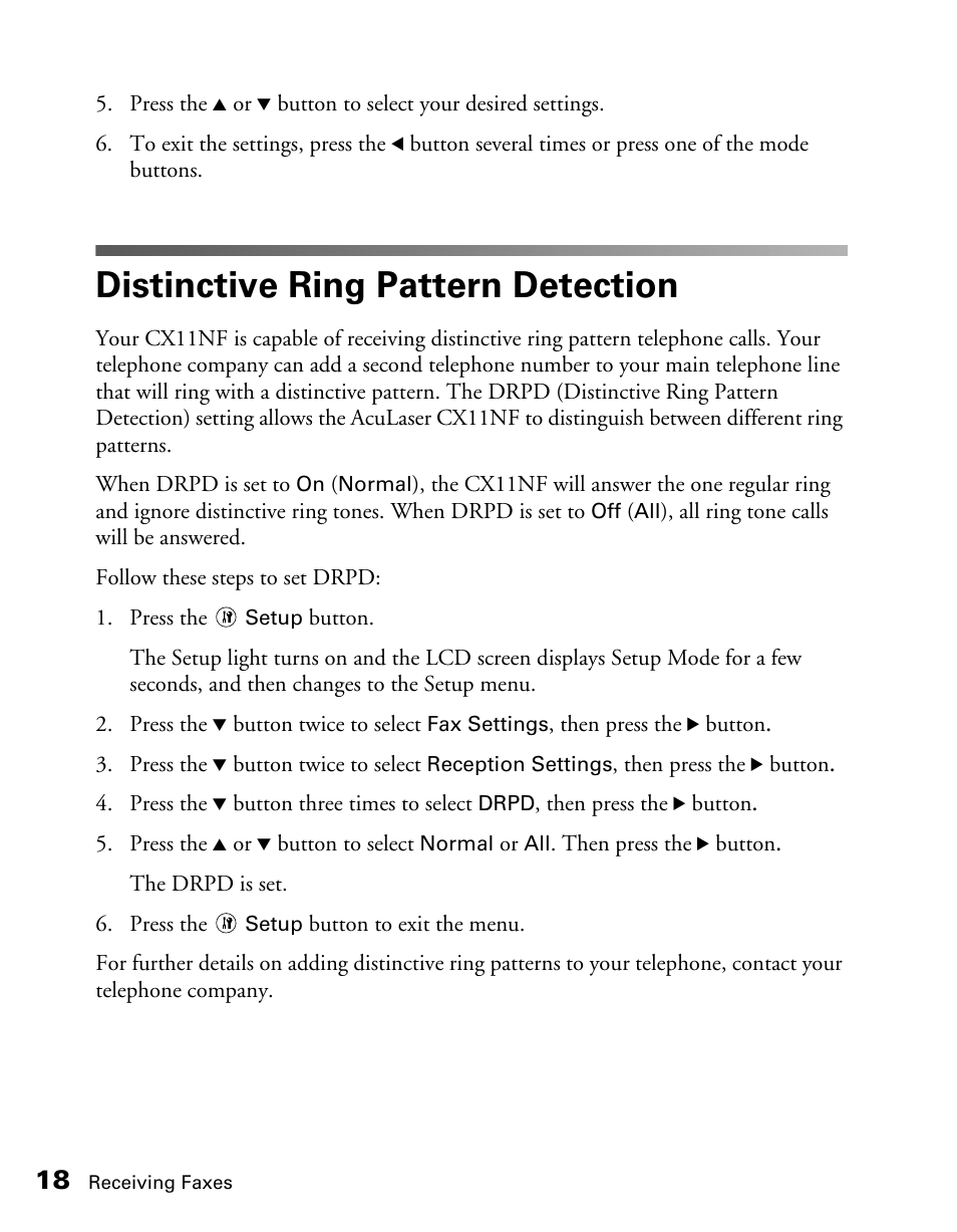 Distinctive ring pattern detection | Epson AcuLaser CX11NF User Manual | Page 18 / 64