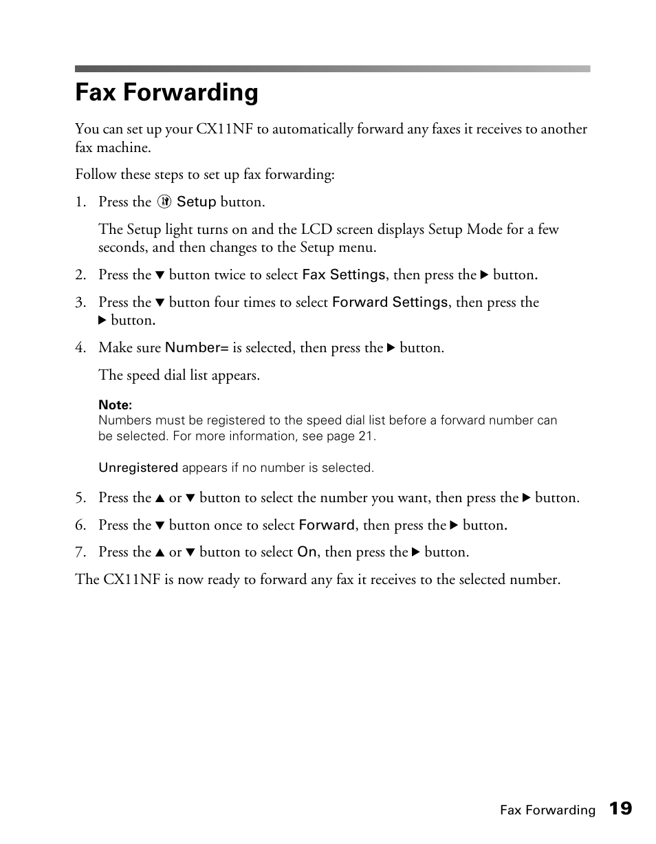 Fax forwarding | Epson AcuLaser CX11NF User Manual | Page 19 / 64