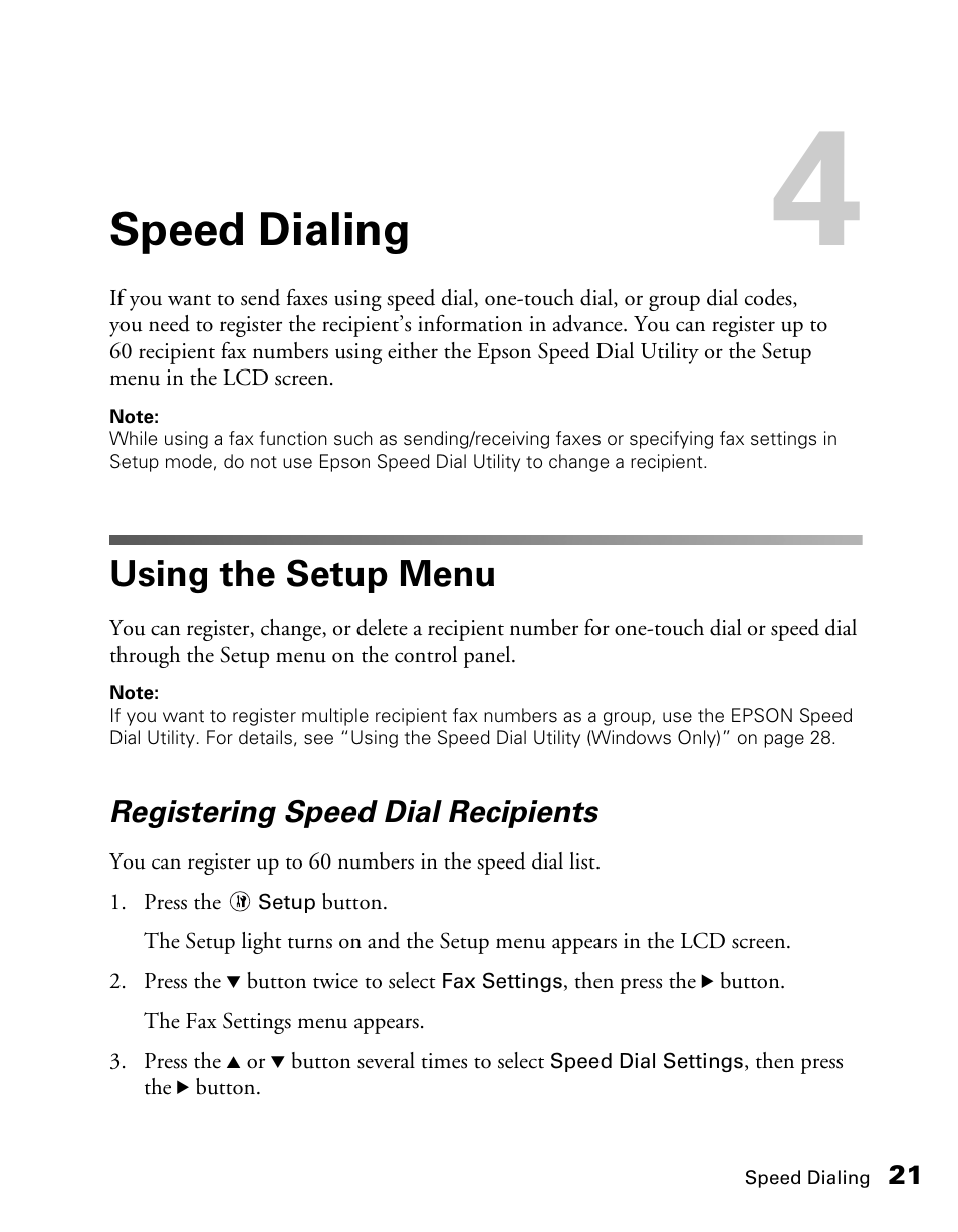 Speed dialing, Using the setup menu, Registering speed dial recipients | Epson AcuLaser CX11NF User Manual | Page 21 / 64