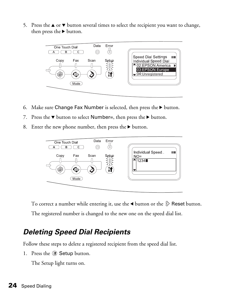 Deleting speed dial recipients | Epson AcuLaser CX11NF User Manual | Page 24 / 64