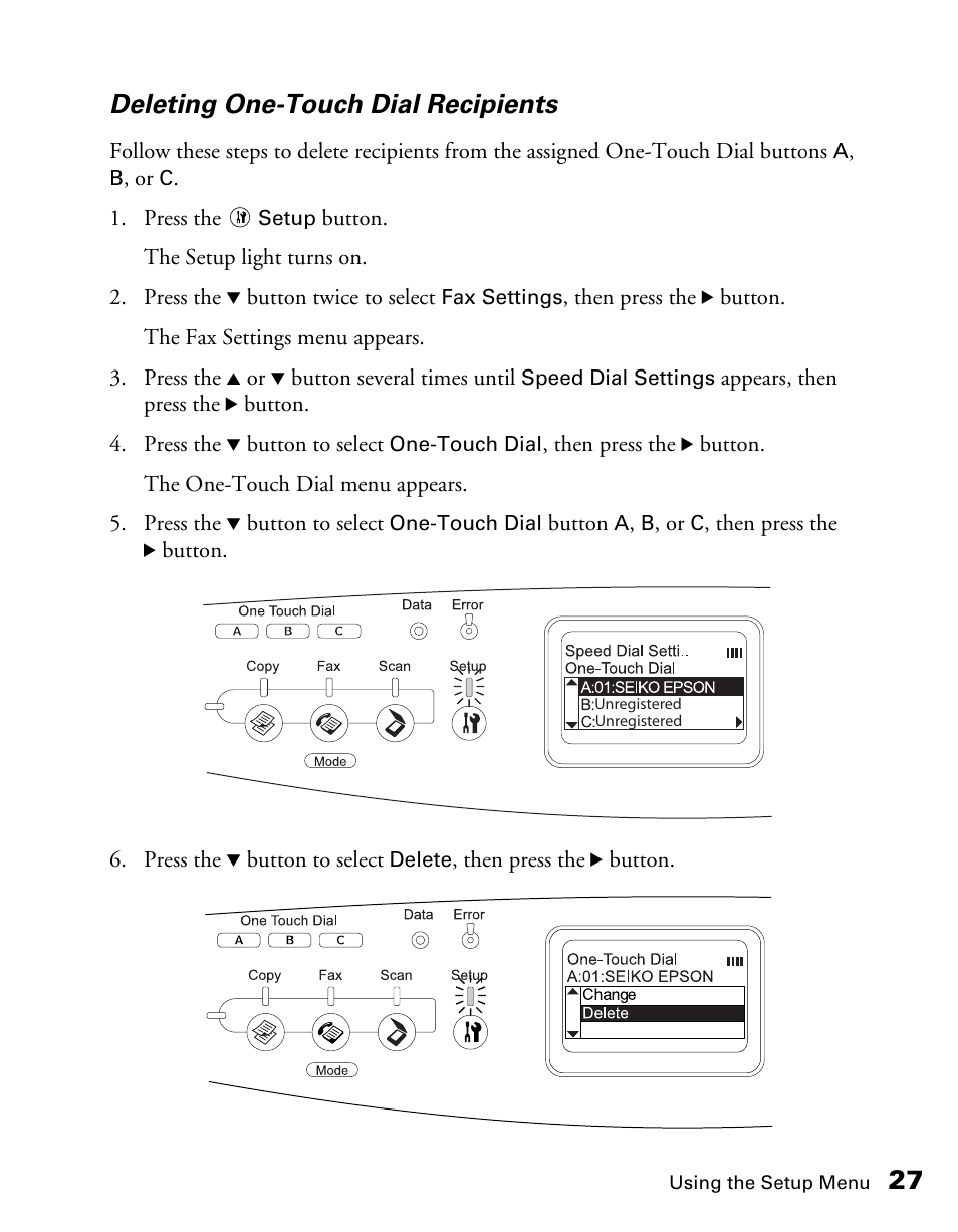 27 deleting one-touch dial recipients | Epson AcuLaser CX11NF User Manual | Page 27 / 64