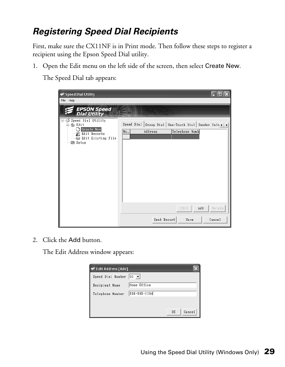 Registering speed dial recipients | Epson AcuLaser CX11NF User Manual | Page 29 / 64