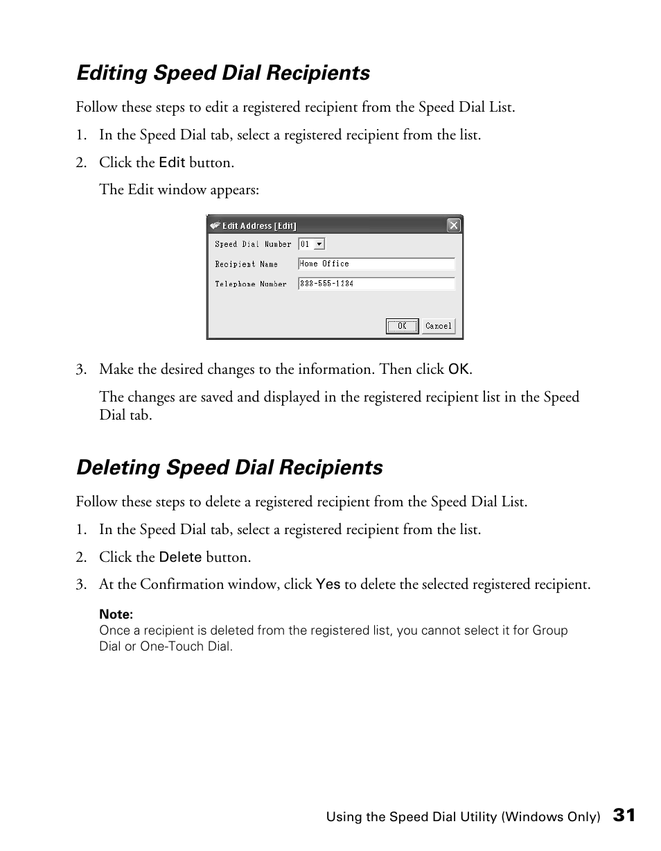 Editing speed dial recipients, Deleting speed dial recipients | Epson AcuLaser CX11NF User Manual | Page 31 / 64