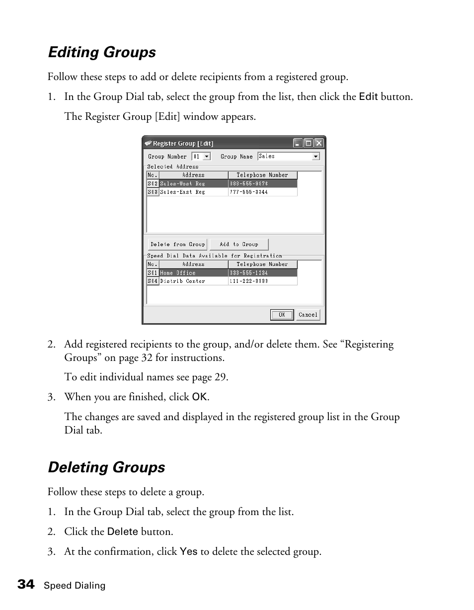 Editing groups, Deleting groups | Epson AcuLaser CX11NF User Manual | Page 34 / 64