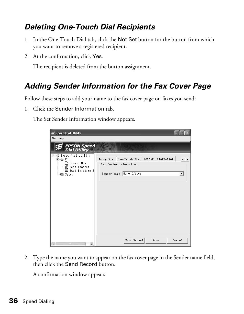 Deleting one-touch dial recipients, Adding sender information for the fax cover page | Epson AcuLaser CX11NF User Manual | Page 36 / 64