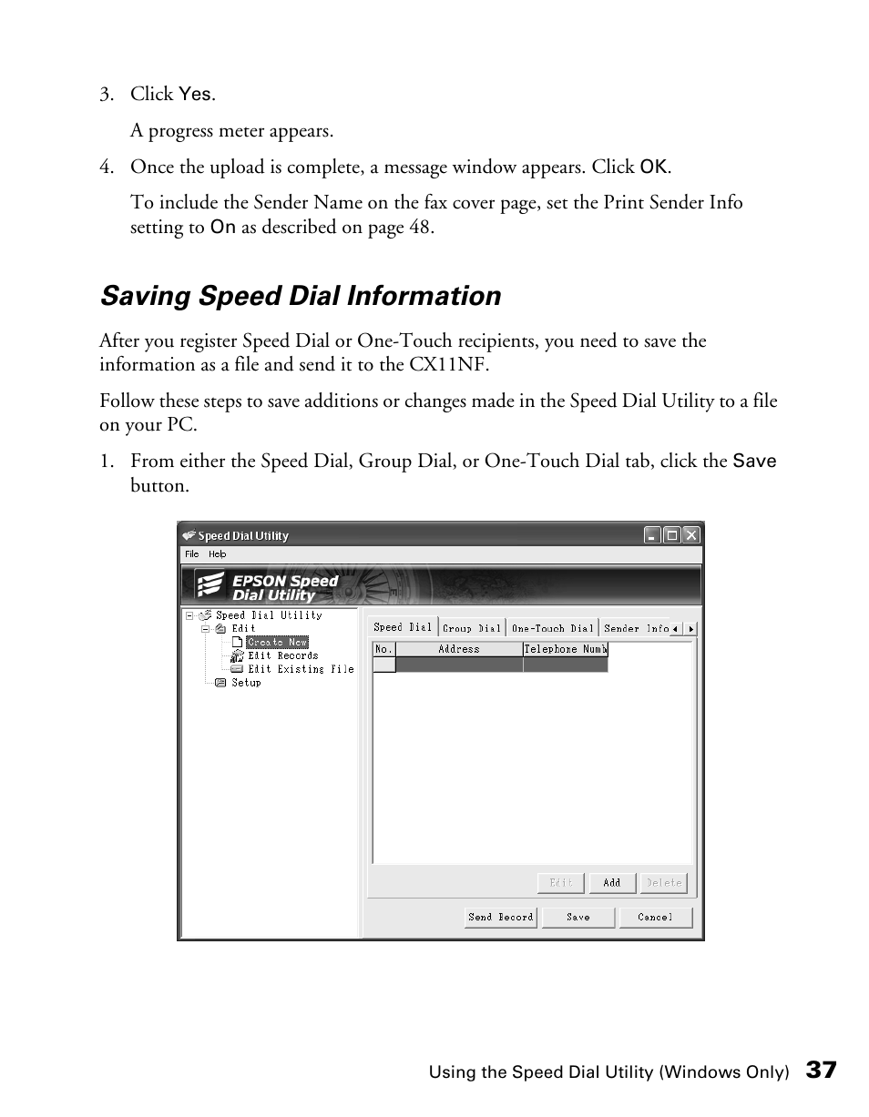 Saving speed dial information | Epson AcuLaser CX11NF User Manual | Page 37 / 64