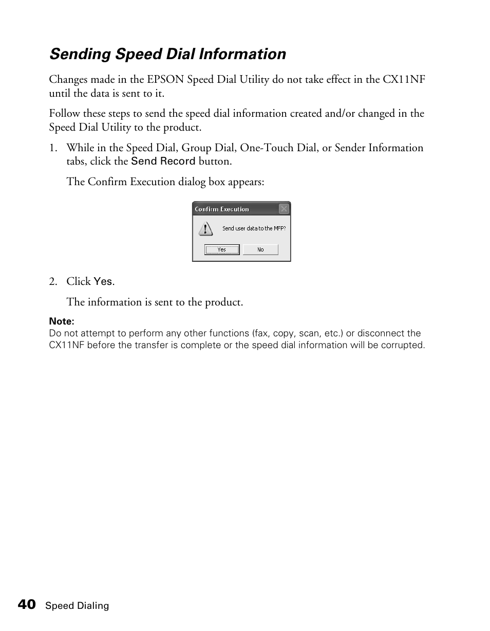 Sending speed dial information | Epson AcuLaser CX11NF User Manual | Page 40 / 64