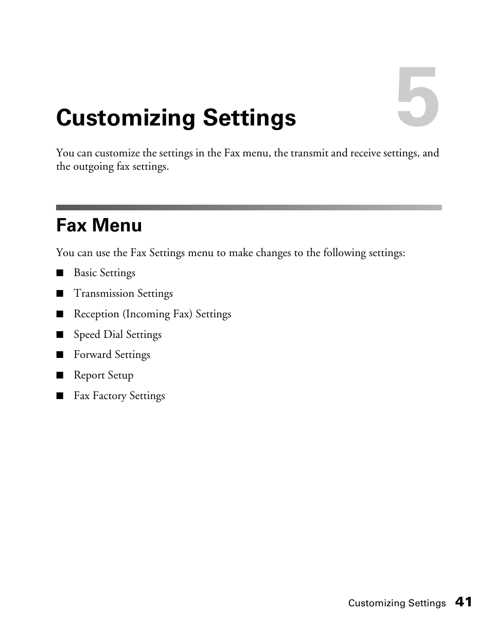 Customizing settings, Fax menu | Epson AcuLaser CX11NF User Manual | Page 41 / 64