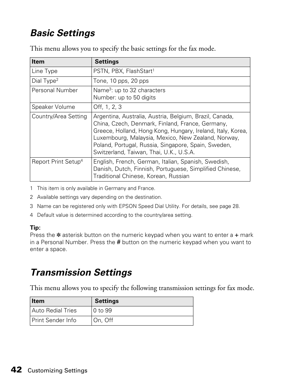 Basic settings, Transmission settings | Epson AcuLaser CX11NF User Manual | Page 42 / 64