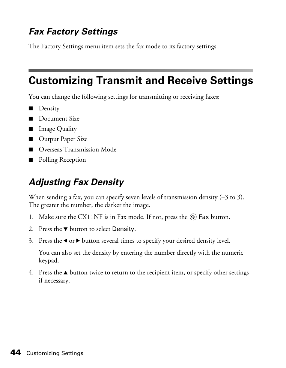 Fax factory settings, Customizing transmit and receive settings, Adjusting fax density | Epson AcuLaser CX11NF User Manual | Page 44 / 64