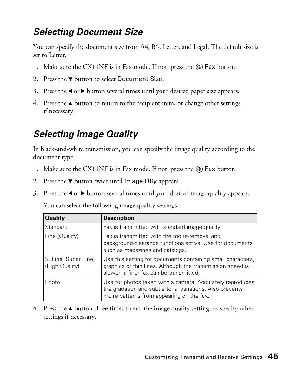 Selecting document size, Selecting image quality | Epson AcuLaser CX11NF User Manual | Page 45 / 64