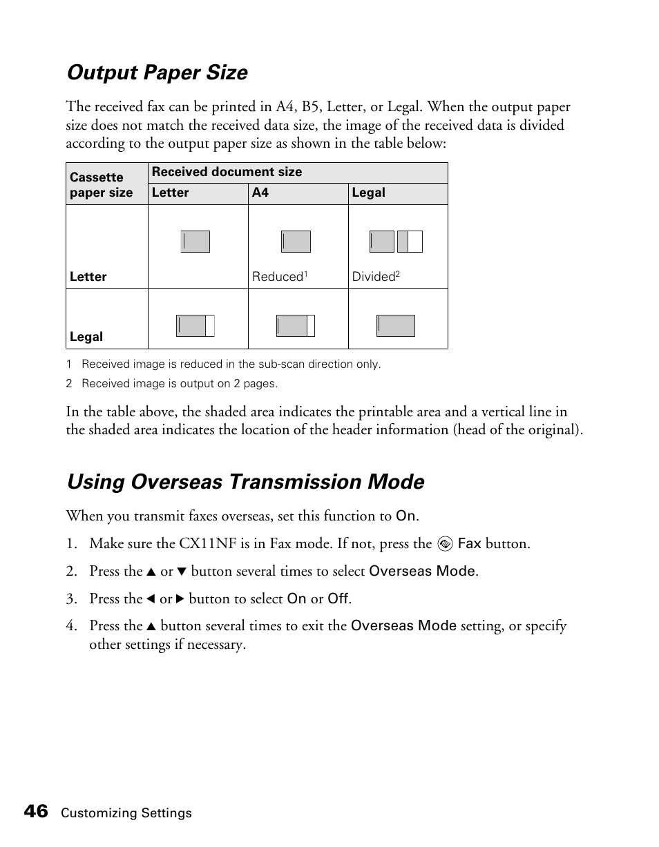 Output paper size, Using overseas transmission mode | Epson AcuLaser CX11NF User Manual | Page 46 / 64