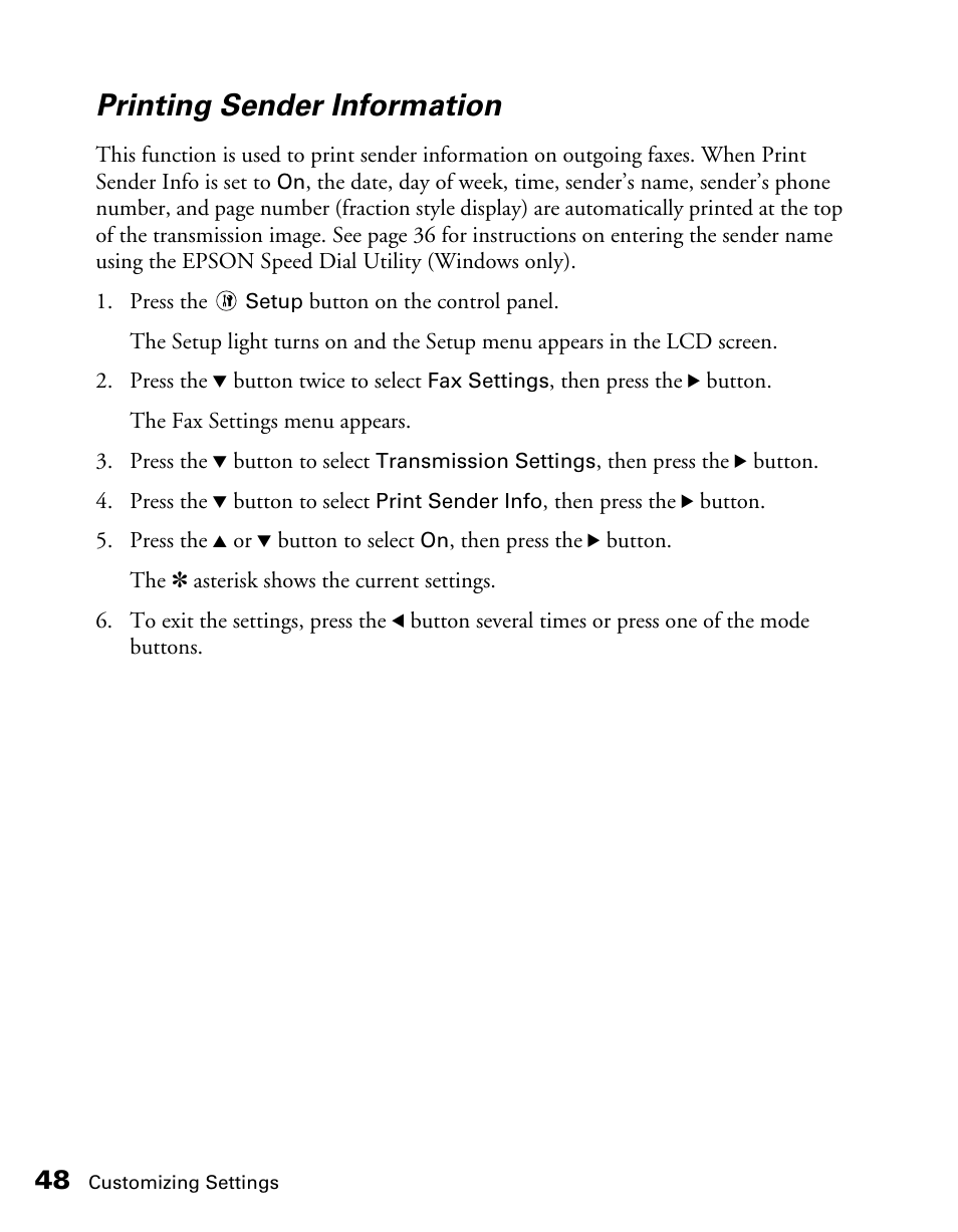 Printing sender information | Epson AcuLaser CX11NF User Manual | Page 48 / 64