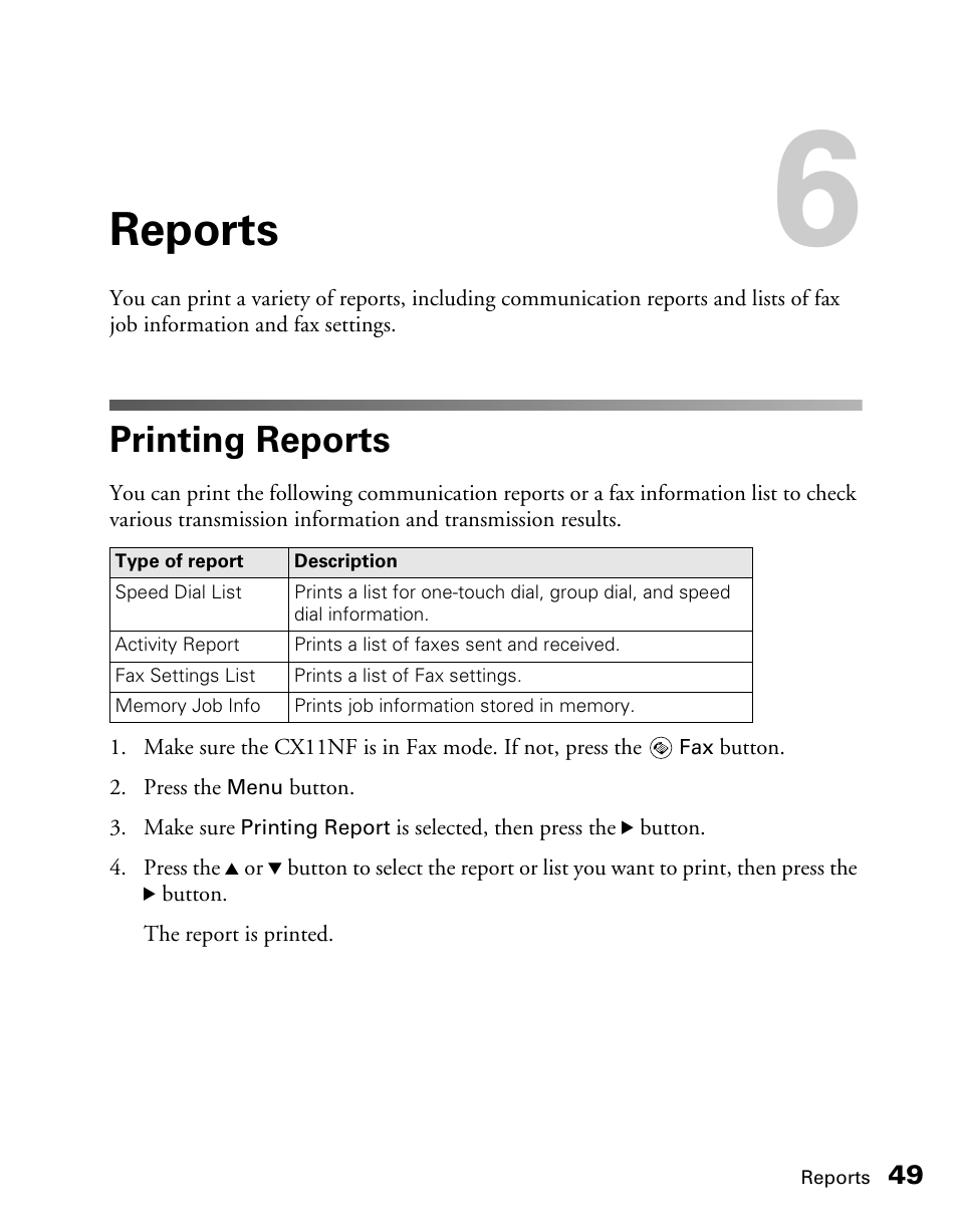 Reports, Printing reports | Epson AcuLaser CX11NF User Manual | Page 49 / 64