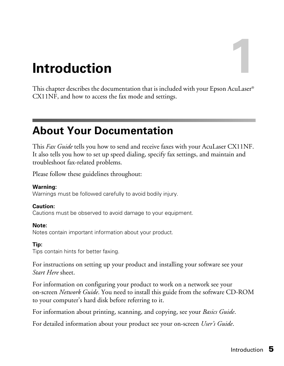 Introduction, About your documentation | Epson AcuLaser CX11NF User Manual | Page 5 / 64