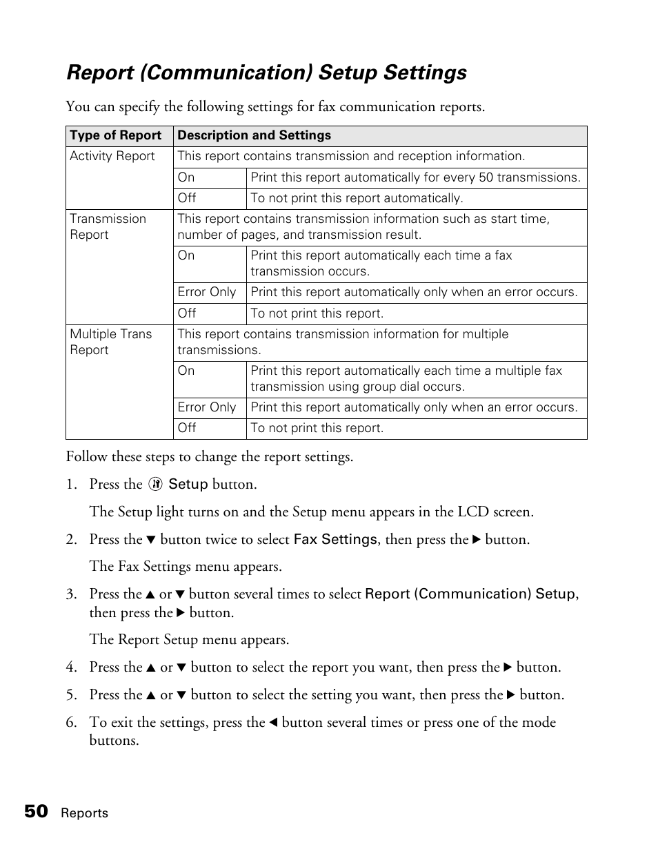 Report (communication) setup settings | Epson AcuLaser CX11NF User Manual | Page 50 / 64