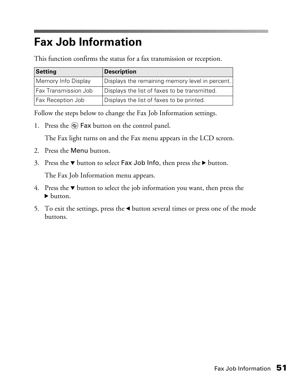 Fax job information | Epson AcuLaser CX11NF User Manual | Page 51 / 64