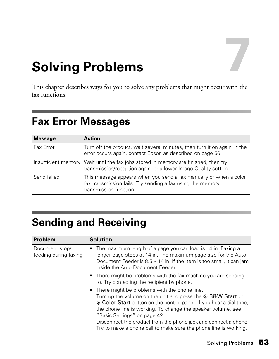 Solving problems, Fax error messages, Sending and receiving | Fax error messages sending and receiving | Epson AcuLaser CX11NF User Manual | Page 53 / 64