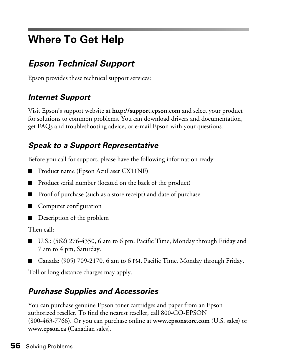 Where to get help, Epson technical support, Internet support | Speak to a support representative, Purchase supplies and accessories | Epson AcuLaser CX11NF User Manual | Page 56 / 64