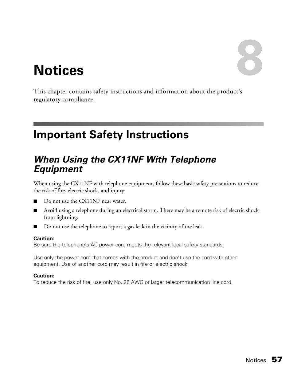 Notices, Important safety instructions, When using the cx11nf with telephone equipment | Epson AcuLaser CX11NF User Manual | Page 57 / 64