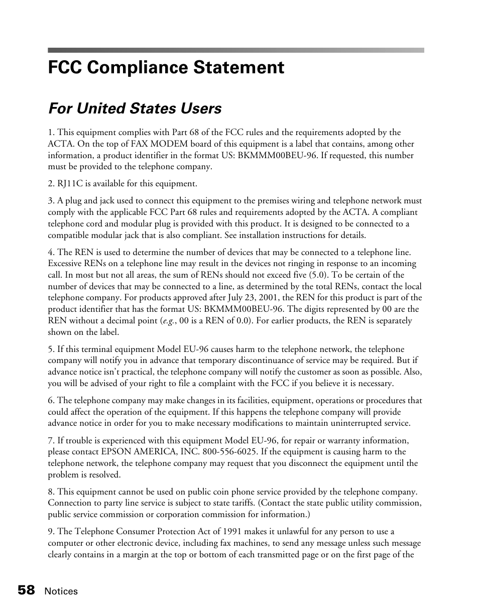 Fcc compliance statement, For united states users | Epson AcuLaser CX11NF User Manual | Page 58 / 64