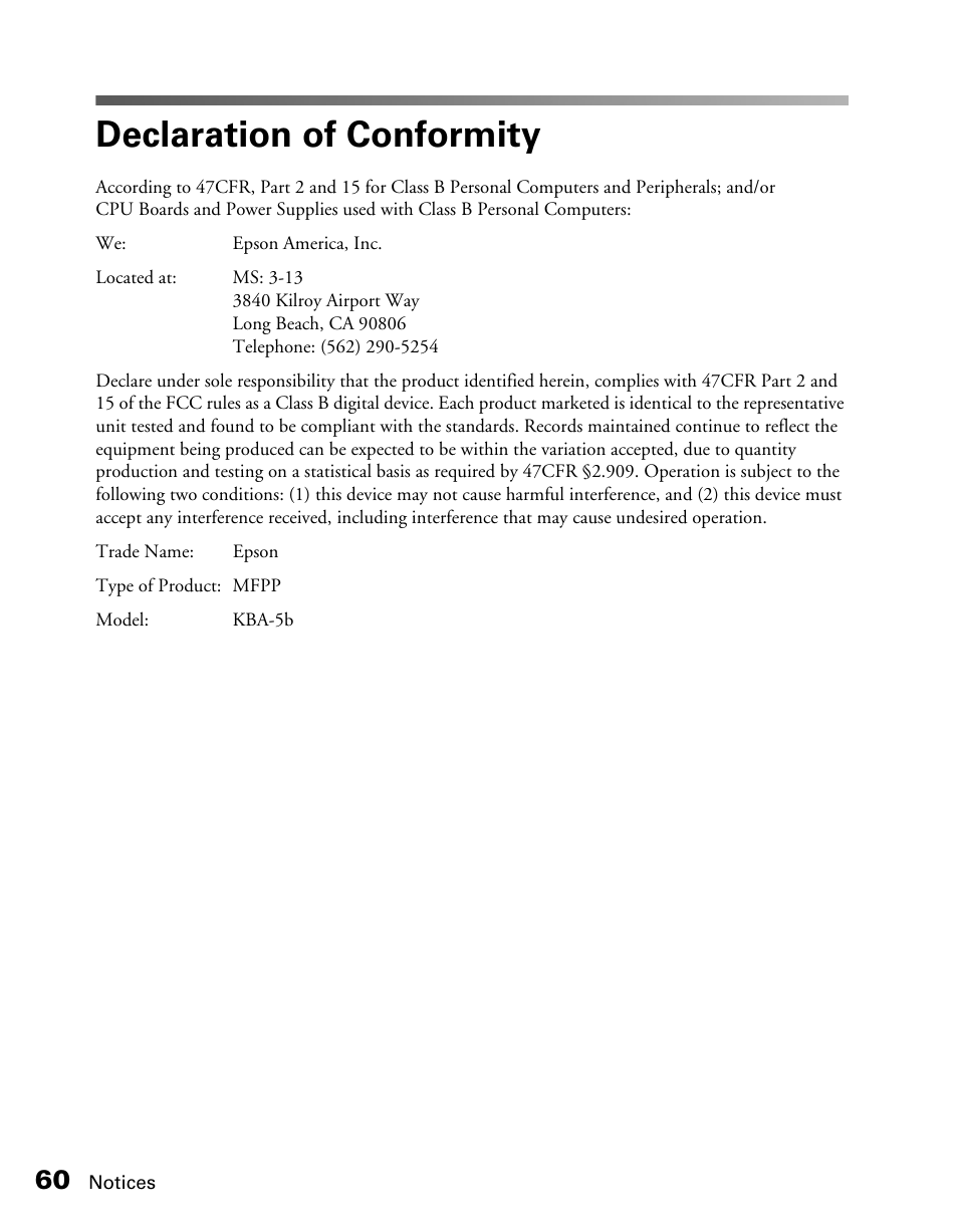 Declaration of conformity | Epson AcuLaser CX11NF User Manual | Page 60 / 64