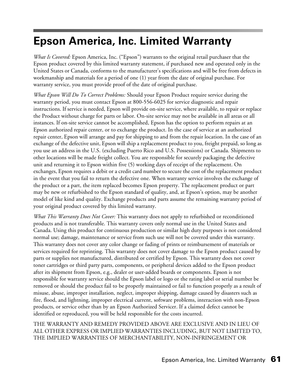 Epson america, inc. limited warranty | Epson AcuLaser CX11NF User Manual | Page 61 / 64